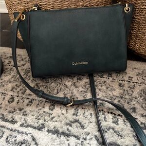 Calvin Klein Deep Teal Leather Crossbody Bag with Gold Hardware